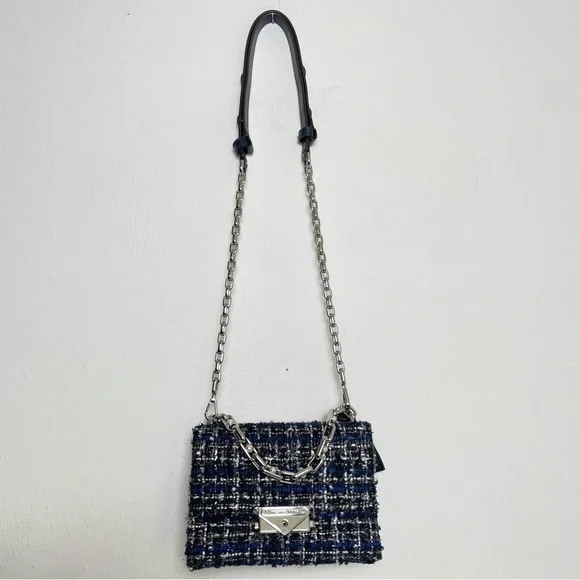 MICHAEL KORS Cece Tweed Small Shoulder Crossbody Satchel Bag Silver Chain Luxury - Picture 7 of 17